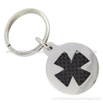 Stainless steel key chains with black carbon fiber and transparent enamel